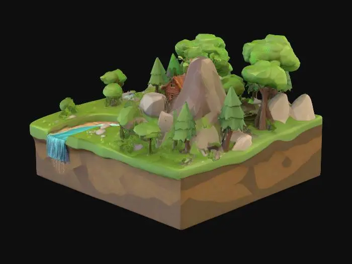 3D model for Low poly procedural terrain restricted to 256x256 pixels in width. Add lush trees, but lowpoly leaves and some lowpoly hills with a river, surrounded by lowpoly grass