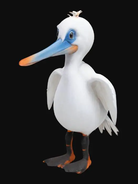 3D model for Human dressed as a Pelicam, white body with white wings with black trim, orange legs and feet, and white head with blue eyes