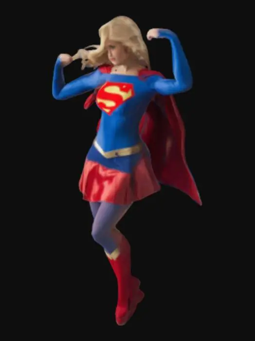 3D model for Supergirl with blonde hair, long red cape, blue costume, short red skirt