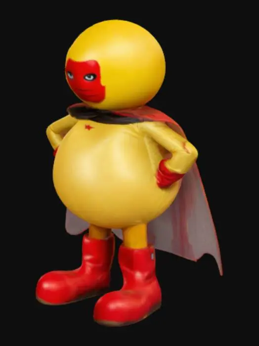 3D model for Female Blob dressed as a Super Hero, Red mask, yellow cape, red boots.
