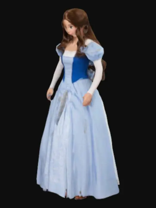 3D model for Belle from Beauty and the Beast, long brown hair, blue and white dress, brown shoes.