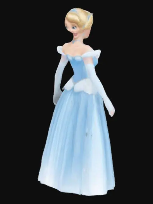 3D model for Cinderella from Disney, short blonde hair, Princess Tiara, long light blue ball gown, white crystal shoes