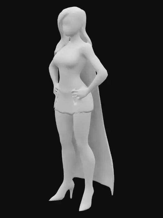 3D model for Supergirl with blonde hair, long red cape, blue costume, short red skirt