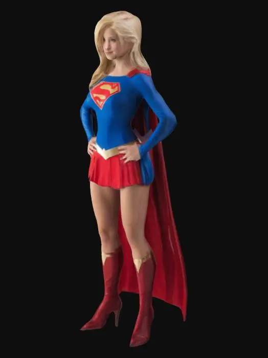 3D model for Supergirl with blonde hair, long red cape, blue costume, short red skirt