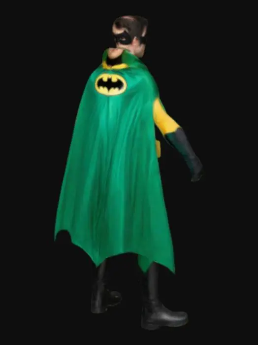 3D model for Robin from Batman, green costume, yellow cape, black eye mask, green boots
