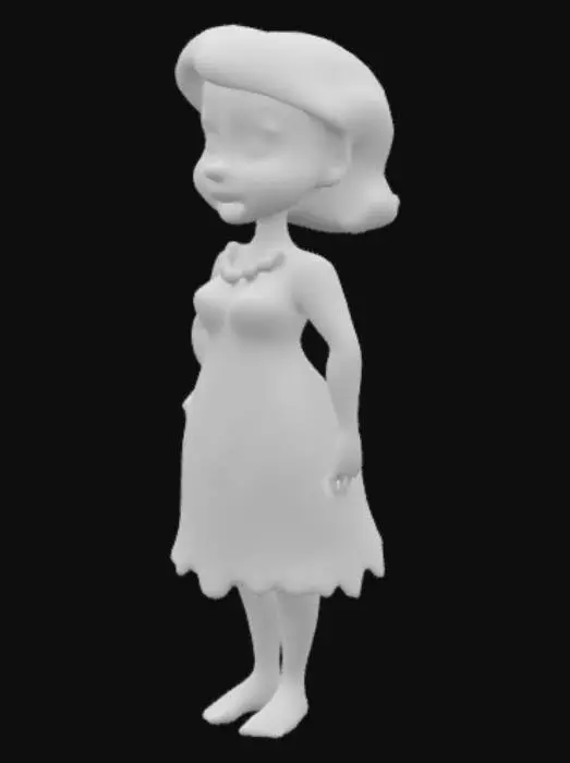 3D model for Wilma Flintstone, red hair with curls, white pointed cave dress, white pearl necklace.
