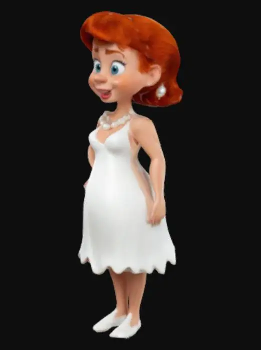 3D model for Wilma Flintstone, red hair with curls, white pointed cave dress, white pearl necklace.
