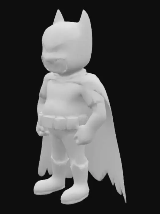 3D model for Cartoon Blob dressed as Batman, long black cape, black boots, black suit with grey underwear on the outside, yellow belt.
