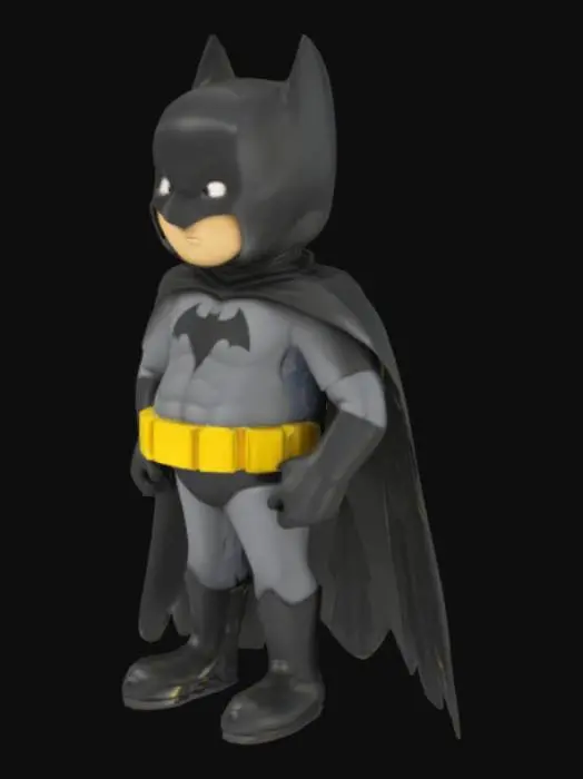 3D model for Cartoon Blob dressed as Batman, long black cape, black boots, black suit with grey underwear on the outside, yellow belt.
