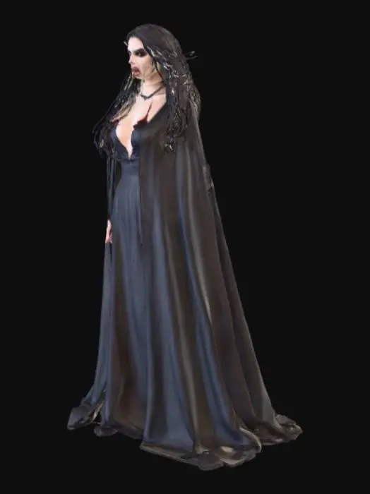 3D model for Scary female Vampire, massive fangs, long black cloak, long black dress, black hair, pointed ears.
#Halloween2025#