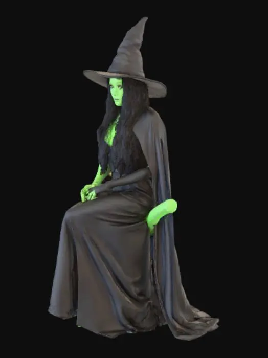 3D model for Evil green skinned Witch, long black hair, long black dress, black cloak, pointed black witch's hat, sat on a broomstick

#Halloween2025#