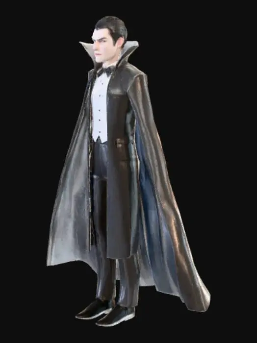 3D model for Evil male Vampire, pointed black hair, white fangs, white shirt with black dicky bow, long black cloak

#Halloween2025#