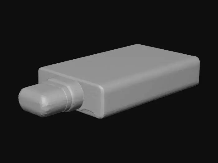 3D model for A small rectangular vape device with rounded edges and a glossy finish. The front face is mostly black with a smooth gradient transitioning to purple on the upper left and turquoise on the lower left. The top has a compact, semi-transparent purple mouthpiece with a soft plastic appearance. The body has the word “meloso” printed in white on the front. The design should appear sleek, modern, and minimalistic, with subtle reflections to emphasize the shiny surface. Render the model floating above a white background with soft shadow underneath.