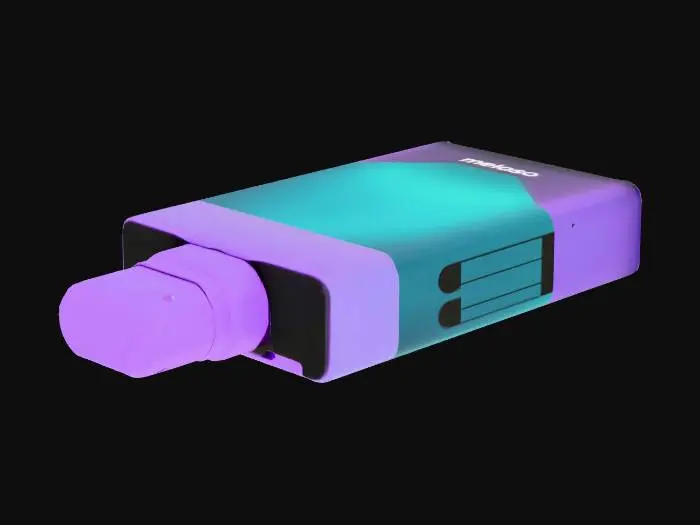 3D model for A small rectangular vape device with rounded edges and a glossy finish. The front face is mostly black with a smooth gradient transitioning to purple on the upper left and turquoise on the lower left. The top has a compact, semi-transparent purple mouthpiece with a soft plastic appearance. The body has the word “meloso” printed in white on the front. The design should appear sleek, modern, and minimalistic, with subtle reflections to emphasize the shiny surface. Render the model floating above a white background with soft shadow underneath.