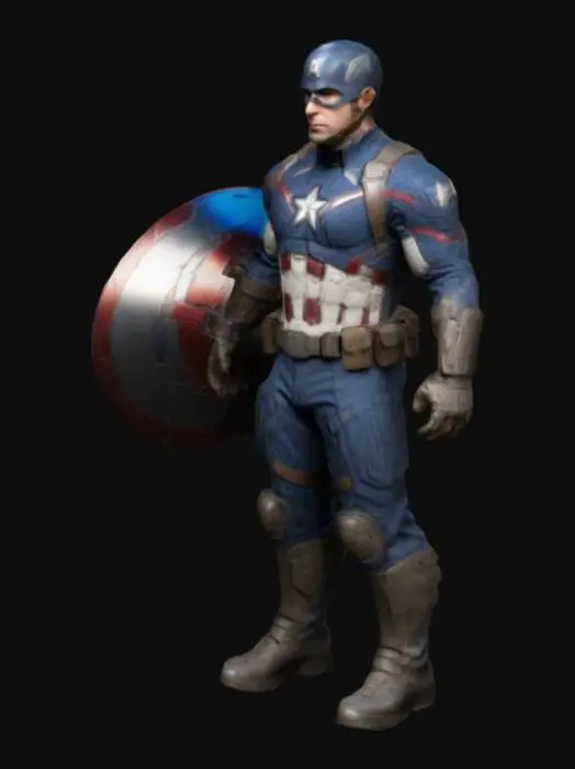 3D model for Create a hyper-realistic 3D rig of Captain America from Avengers: Endgame in an A-pose. The model should feature his detailed, battle-worn suit with the iconic star emblem, scaled chest armor, and realistic materials. Include his visibly damaged shield strapped to his back. Ensure accurate proportions, clean topology, and subtle weathering for authenticity. Optimize the rig for game engines and cinematic renders, delivering a fully articulated, professional-quality result ready for animation.