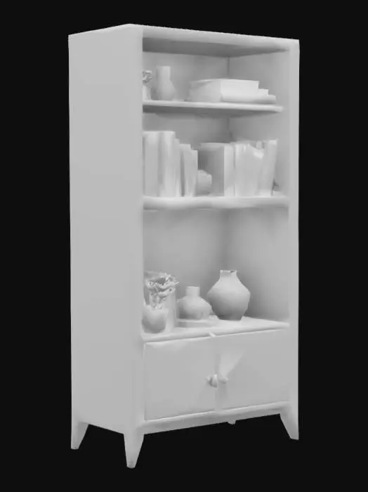 3D model for clean minimaist standing cabinet shelve, filled with books and shelve assets.
