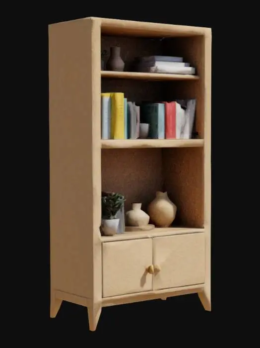 3D model for clean minimaist standing cabinet shelve, filled with books and shelve assets.
