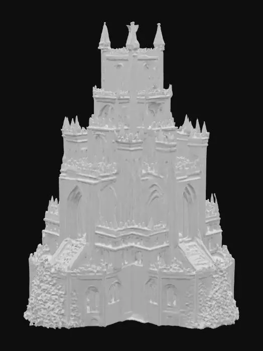 3D model for Ultra realistic 3D model of a massive fantasy fortress tower inspired by Minas Tirith from The Lord of the Rings. Built into a steep mountainside, with layered white stone walls, gothic medieval architecture, huge arched gates, narrow windows, carved stairways, and a tall central spire. Add realistic stone textures, weathering effects, moss, banners flowing in the wind, and small details like statues and guard towers. Cinematic fantasy style, high polygon detail, PBR materials, game-ready asset.”