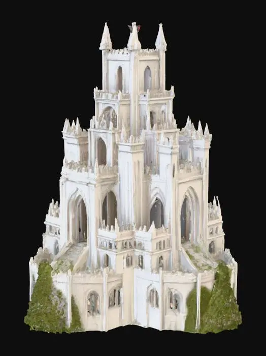3D model for Ultra realistic 3D model of a massive fantasy fortress tower inspired by Minas Tirith from The Lord of the Rings. Built into a steep mountainside, with layered white stone walls, gothic medieval architecture, huge arched gates, narrow windows, carved stairways, and a tall central spire. Add realistic stone textures, weathering effects, moss, banners flowing in the wind, and small details like statues and guard towers. Cinematic fantasy style, high polygon detail, PBR materials, game-ready asset.”