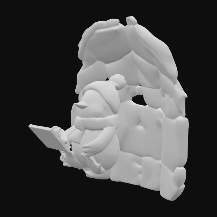 3D model for A cute low-poly cartoon penguin character inspired by $pengu, sitting inside a cozy igloo in the cold Antarctic. He is with his wife, a pink penguin, both sitting together on a bed watching TV. 
The scene should look warm and cozy inside the icy igloo, with soft lighting and stylized textures, game-ready 3D model, PBR materials.