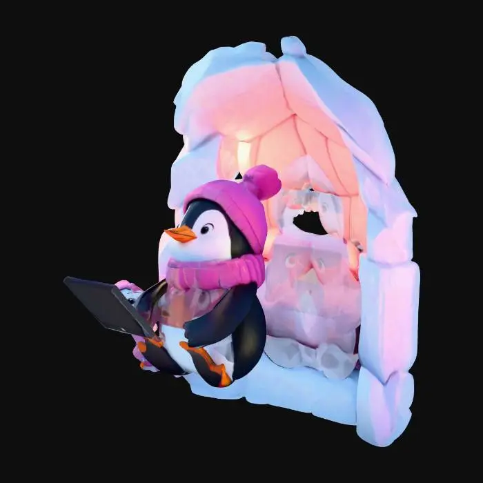 3D model for A cute low-poly cartoon penguin character inspired by $pengu, sitting inside a cozy igloo in the cold Antarctic. He is with his wife, a pink penguin, both sitting together on a bed watching TV. 
The scene should look warm and cozy inside the icy igloo, with soft lighting and stylized textures, game-ready 3D model, PBR materials.