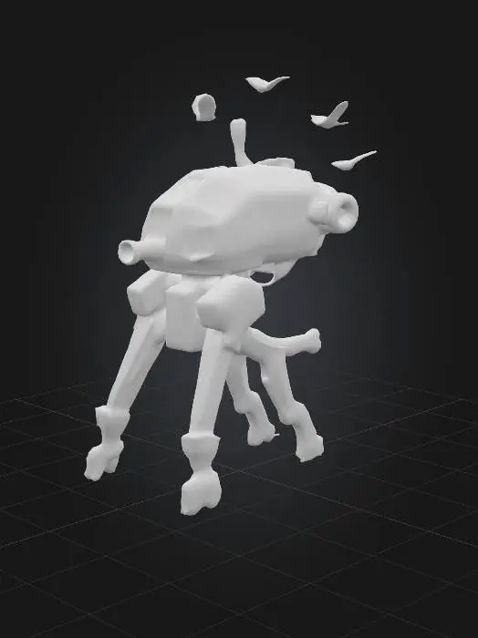 3D model for Mechanical tripod war machine standing on top of tall city buildings. Three thick segmented metal legs with cracked, weathered texture, crushing rooftops. Central dome-like armored body with angular yellow-glass windows, large front cannon, two exhaust pipes releasing orange smoke, scratched industrial metal surface. Bright red emblem on the side of the body (use provided texture). Surrounded by flying white doves. Background: dense cityscape at sunset with warm orange lighting and smoky atmosphere.
