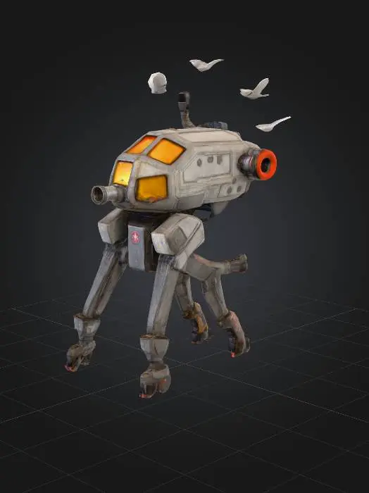 3D model for Mechanical tripod war machine standing on top of tall city buildings. Three thick segmented metal legs with cracked, weathered texture, crushing rooftops. Central dome-like armored body with angular yellow-glass windows, large front cannon, two exhaust pipes releasing orange smoke, scratched industrial metal surface. Bright red emblem on the side of the body (use provided texture). Surrounded by flying white doves. Background: dense cityscape at sunset with warm orange lighting and smoky atmosphere.

