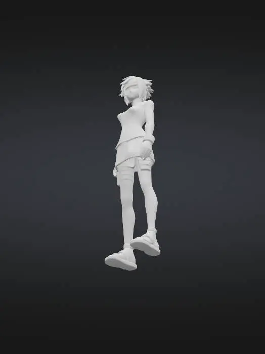 3D model for Full body game character model of Naruto Uzumaki's head (with his signature spiky blonde hair and blue eyes) combined with Sakura Haruno's body (wearing her classic Shippuden outfit: red sleeveless top, light pink skirt, and ninja sandals). The character should be in a dynamic pose, ready for action, with a clean and detailed aesthetic suitable for a modern video game. Include details like the Konoha headband on Naruto's head and Sakura's arm guards.