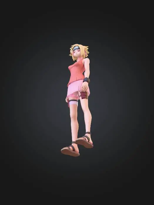 3D model for Full body game character model of Naruto Uzumaki's head (with his signature spiky blonde hair and blue eyes) combined with Sakura Haruno's body (wearing her classic Shippuden outfit: red sleeveless top, light pink skirt, and ninja sandals). The character should be in a dynamic pose, ready for action, with a clean and detailed aesthetic suitable for a modern video game. Include details like the Konoha headband on Naruto's head and Sakura's arm guards.