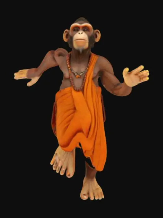 3D model for A realistic humanoid monkey character in T-pose, inspired by an Indian Sadhu. The monkey has a human-like body with detailed hands and feet, wearing traditional orange or saffron Sadhu robes including a dhoti and cloth wrapped over the shoulder, beads necklace, and a tilak mark on the forehead. The character has a wise expression and stands upright in a standard T-pose with arms extended sideways. The monkey’s face resembles the selfie monkey image wearing sunglasses, but the sunglasses are removed. High detail, full body visible, suitable for animation and rigging, UV textured, game-ready FBX format