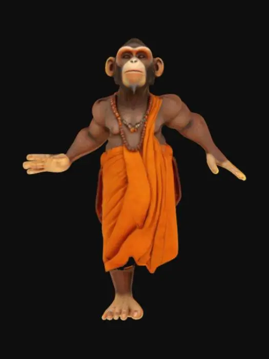 3D model for A realistic humanoid monkey character in T-pose, inspired by an Indian Sadhu. The monkey has a human-like body with detailed hands and feet, wearing traditional orange or saffron Sadhu robes including a dhoti and cloth wrapped over the shoulder, beads necklace, and a tilak mark on the forehead. The character has a wise expression and stands upright in a standard T-pose with arms extended sideways. The monkey’s face resembles the selfie monkey image wearing sunglasses, but the sunglasses are removed. High detail, full body visible, suitable for animation and rigging, UV textured, game-ready FBX format