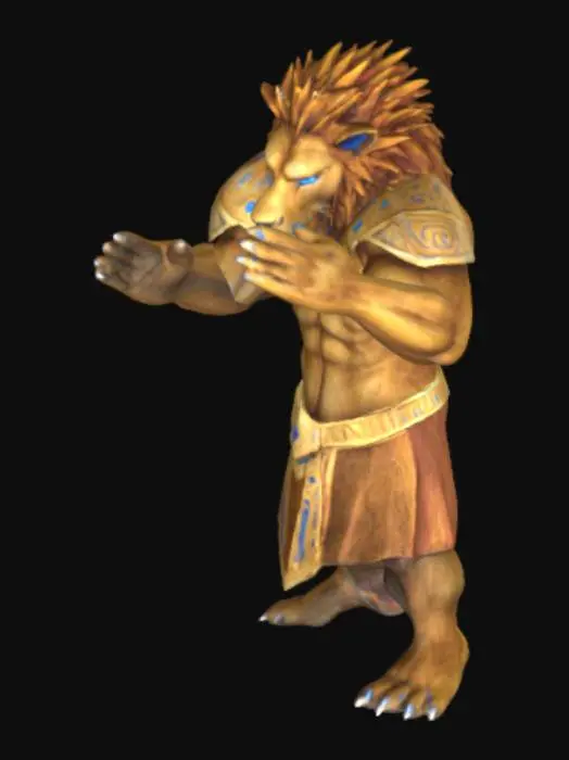 3D model for A majestic humanoid lion standing in a T-pose, designed for animation rigging. The lion has a powerful muscular body like a warrior, wearing a royal armor with golden tribal patterns, detailed high-resolution textures, realistic fur on face and hands, sharp eyes glowing in blue, paws turned into strong hands with claws. The face is fierce and noble, mane styled like a king’s crown. The model is centered on a plain neutral background, full-body view, high-poly 3D model with clean mesh, ready for Mixamo rigging, cinematic lighting.