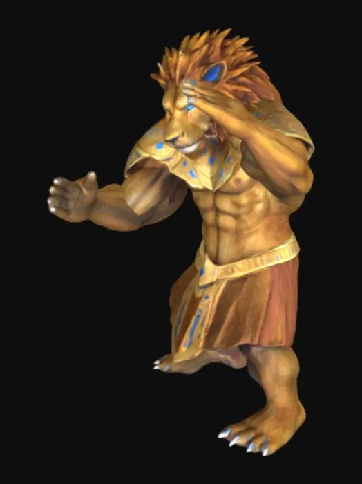 3D model for A majestic humanoid lion standing in a T-pose, designed for animation rigging. The lion has a powerful muscular body like a warrior, wearing a royal armor with golden tribal patterns, detailed high-resolution textures, realistic fur on face and hands, sharp eyes glowing in blue, paws turned into strong hands with claws. The face is fierce and noble, mane styled like a king’s crown. The model is centered on a plain neutral background, full-body view, high-poly 3D model with clean mesh, ready for Mixamo rigging, cinematic lighting.