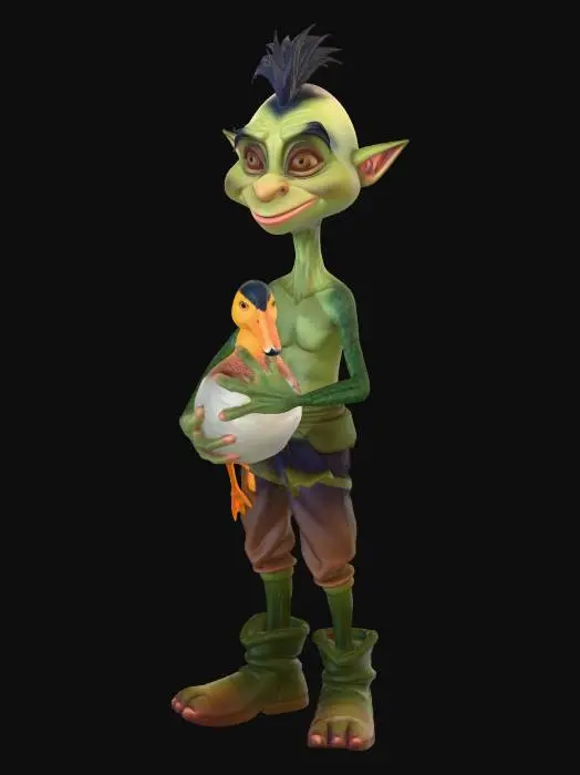 3D model for pleasant faced orc, holding a duck that has red eyes.