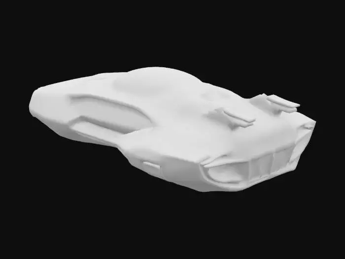 3D model for {
  "Object": "futuristic hovercraft transport vehicle",
  "Material": "brushed aluminum and carbon fiber",
  "Shape/Form": "aerodynamic low-profile body with angular fins and a central cockpit dome",
  "Color Scheme": "gunmetal gray base with neon blue and white accents",
  "Texture Details": "sleek reflective surfaces with subtle venting grids and panel lines",
  "Style": "realistic",
  "Environment/Use Context": "hovering above a neon-lit cyberpunk city street",
  "Reference Models": "inspired by Blade Runner spinner and Tron light runner"
}
