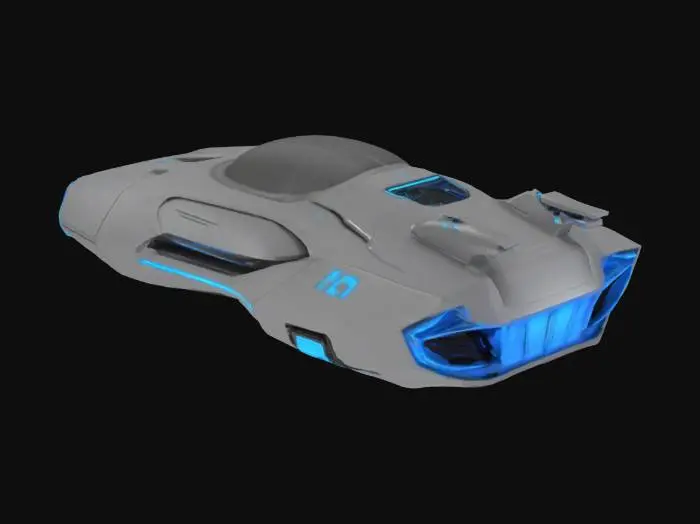 3D model for {
  "Object": "futuristic hovercraft transport vehicle",
  "Material": "brushed aluminum and carbon fiber",
  "Shape/Form": "aerodynamic low-profile body with angular fins and a central cockpit dome",
  "Color Scheme": "gunmetal gray base with neon blue and white accents",
  "Texture Details": "sleek reflective surfaces with subtle venting grids and panel lines",
  "Style": "realistic",
  "Environment/Use Context": "hovering above a neon-lit cyberpunk city street",
  "Reference Models": "inspired by Blade Runner spinner and Tron light runner"
}