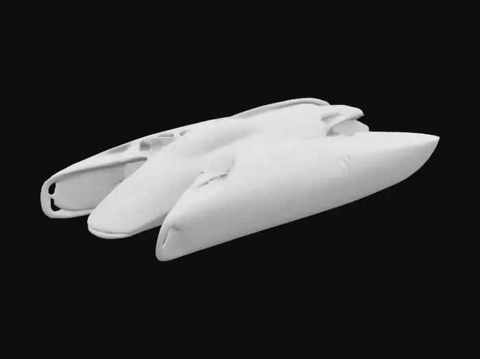 3D model for {
  "Object": "futuristic hovercraft transport vehicle",
  "Material": "brushed aluminum and carbon fiber",
  "Shape/Form": "aerodynamic low-profile body with angular fins and a central cockpit dome",
  "Color Scheme": "gunmetal gray base with neon blue and white accents",
  "Texture Details": "sleek reflective surfaces with subtle venting grids and panel lines",
  "Style": "realistic",
  "Environment/Use Context": "hovering above a neon-lit cyberpunk city street",
  "Reference Models": "inspired by Blade Runner spinner and Tron light runner"
}