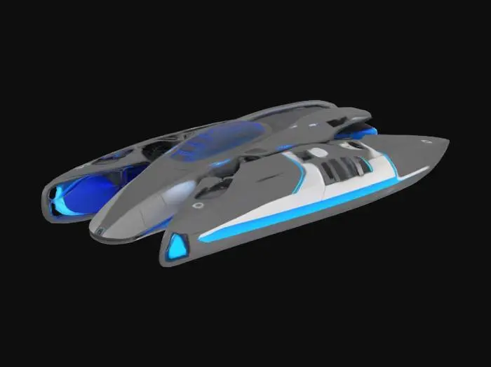 3D model for {
  "Object": "futuristic hovercraft transport vehicle",
  "Material": "brushed aluminum and carbon fiber",
  "Shape/Form": "aerodynamic low-profile body with angular fins and a central cockpit dome",
  "Color Scheme": "gunmetal gray base with neon blue and white accents",
  "Texture Details": "sleek reflective surfaces with subtle venting grids and panel lines",
  "Style": "realistic",
  "Environment/Use Context": "hovering above a neon-lit cyberpunk city street",
  "Reference Models": "inspired by Blade Runner spinner and Tron light runner"
}