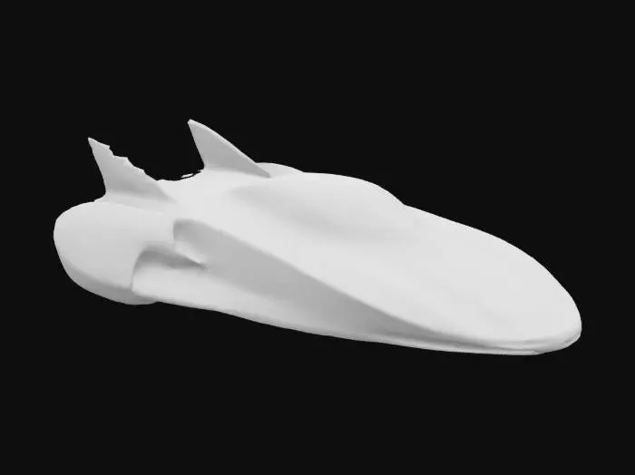 3D model for {
  "Object": "futuristic hovercraft transport vehicle",
  "Material": "brushed aluminum and carbon fiber",
  "Shape/Form": "aerodynamic low-profile body with angular fins and a central cockpit dome",
  "Color Scheme": "gunmetal gray base with neon blue and white accents",
  "Texture Details": "sleek reflective surfaces with subtle venting grids and panel lines",
  "Style": "realistic",
  "Environment/Use Context": "hovering above a neon-lit cyberpunk city street",
  "Reference Models": "inspired by Blade Runner spinner and Tron light runner"
}