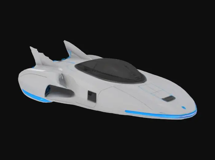 3D model for {
  "Object": "futuristic hovercraft transport vehicle",
  "Material": "brushed aluminum and carbon fiber",
  "Shape/Form": "aerodynamic low-profile body with angular fins and a central cockpit dome",
  "Color Scheme": "gunmetal gray base with neon blue and white accents",
  "Texture Details": "sleek reflective surfaces with subtle venting grids and panel lines",
  "Style": "realistic",
  "Environment/Use Context": "hovering above a neon-lit cyberpunk city street",
  "Reference Models": "inspired by Blade Runner spinner and Tron light runner"
}
