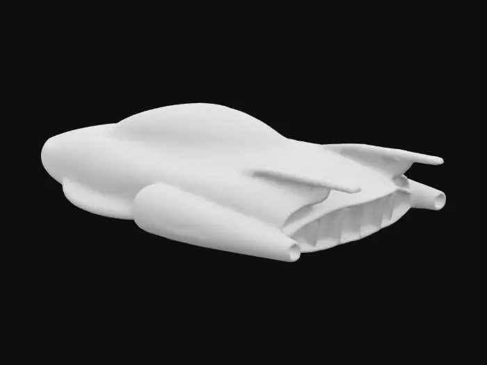 3D model for {
  "Object": "futuristic hovercraft transport vehicle",
  "Material": "brushed aluminum and carbon fiber",
  "Shape/Form": "aerodynamic low-profile body with angular fins and a central cockpit dome",
  "Color Scheme": "gunmetal gray base with neon blue and white accents",
  "Texture Details": "sleek reflective surfaces with subtle venting grids and panel lines",
  "Style": "realistic",
  "Environment/Use Context": "hovering above a neon-lit cyberpunk city street",
  "Reference Models": "inspired by Blade Runner spinner and Tron light runner"
}