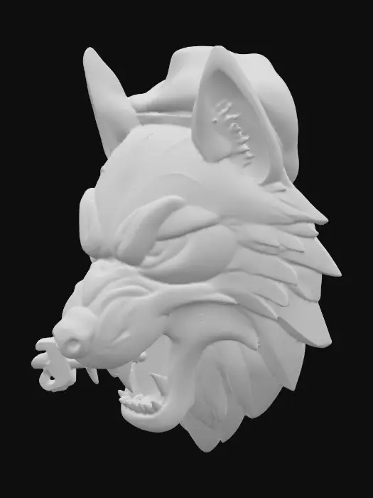 3D model for “A bold military-style emblem of a fierce wolf head, wearing a beret tilted to one side, clenching a wrench in its mouth like a cigar. The wolf’s design should be symmetrical, sharp, and aggressive, with strong outlines. Make it look like a logo or patch, high-contrast relief, optimized for 3D printing as an STL file, without background.”