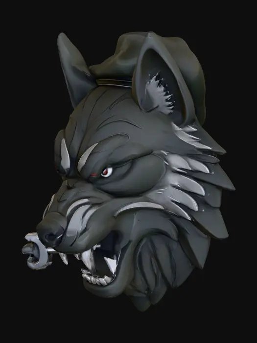 3D model for “A bold military-style emblem of a fierce wolf head, wearing a beret tilted to one side, clenching a wrench in its mouth like a cigar. The wolf’s design should be symmetrical, sharp, and aggressive, with strong outlines. Make it look like a logo or patch, high-contrast relief, optimized for 3D printing as an STL file, without background.”