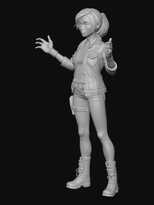 3D model for Stylized low-poly female survivor character. Wearing a patched denim jacket, fingerless gloves, and hiking boots. Vibrant but slightly desaturated colors. Clean topology, hand-painted texture style. The character has a determined look. T-pose, optimized for game engines, sharp edges, readable silhouette.