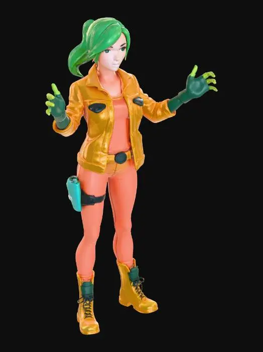 3D model for Stylized low-poly female survivor character. Wearing a patched denim jacket, fingerless gloves, and hiking boots. Vibrant but slightly desaturated colors. Clean topology, hand-painted texture style. The character has a determined look. T-pose, optimized for game engines, sharp edges, readable silhouette.