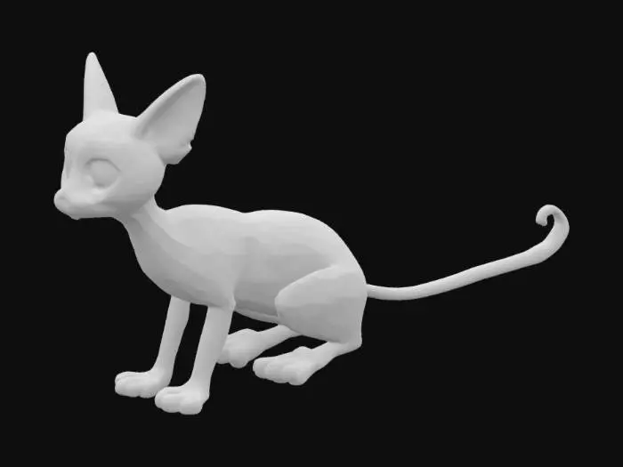 3D model for un chat de gouttière maigre, gris tacheté de noir comme un guépard,
une oreille abimée, ses moustaches plus longue d'un côté, doit donner une impression de folie et sournoiserie