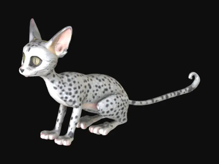 3D model for un chat de gouttière maigre, gris tacheté de noir comme un guépard,
une oreille abimée, ses moustaches plus longue d'un côté, doit donner une impression de folie et sournoiserie
