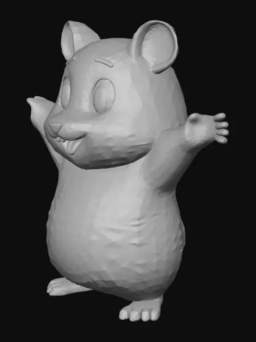 3D model for Un hamster de style animation manga, caractérisé par des formes extrêmement arrondies et simplifiées, avec de grands yeux noirs brillants. Il est représenté en pose en T : son corps est un cylindre horizontal et droit, tandis que ses quatre pattes sont complètement étirées sur les côtés, perpendiculaires au corps, comme des membres humains. Son pelage est d'un jaune vif et éclatant, avec un ventre blanc pur. Sa tête, droite et tournée vers l'avant, arbore des joues bien rondes. La texture est lisse, sans détails de fourrure, optimisée pour le rigging.