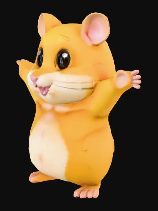 3D model for Un hamster de style animation manga, caractérisé par des formes extrêmement arrondies et simplifiées, avec de grands yeux noirs brillants. Il est représenté en pose en T : son corps est un cylindre horizontal et droit, tandis que ses quatre pattes sont complètement étirées sur les côtés, perpendiculaires au corps, comme des membres humains. Son pelage est d'un jaune vif et éclatant, avec un ventre blanc pur. Sa tête, droite et tournée vers l'avant, arbore des joues bien rondes. La texture est lisse, sans détails de fourrure, optimisée pour le rigging.