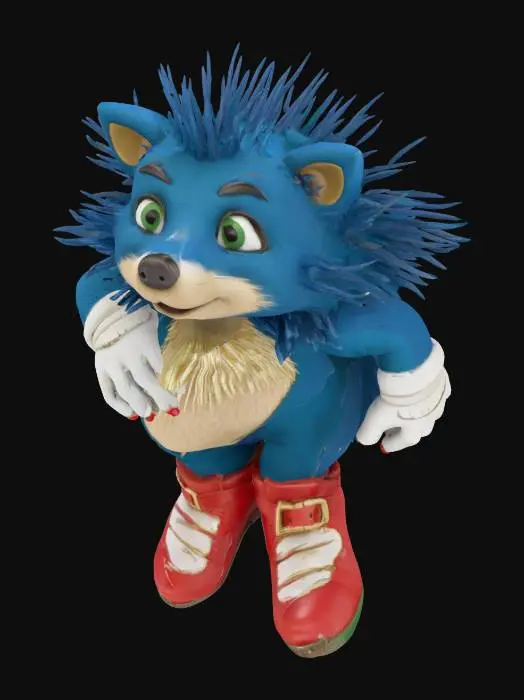 3D model for A small, anthropomorphic porcupine with deep blue fur and sharp, swept-back quills covering his head and back. He has large, expressive green eyes, a light beige muzzle and chest, white gloves on his hands, and oversized red shoes with a white stripe and gold buckle. His build is sleek and agile, built for speed despite his typically spiky appearance.